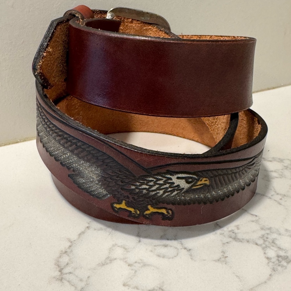 Men's Brown Tooled Bald Eagle Genuine Leather Belt - Picture 4 of 11